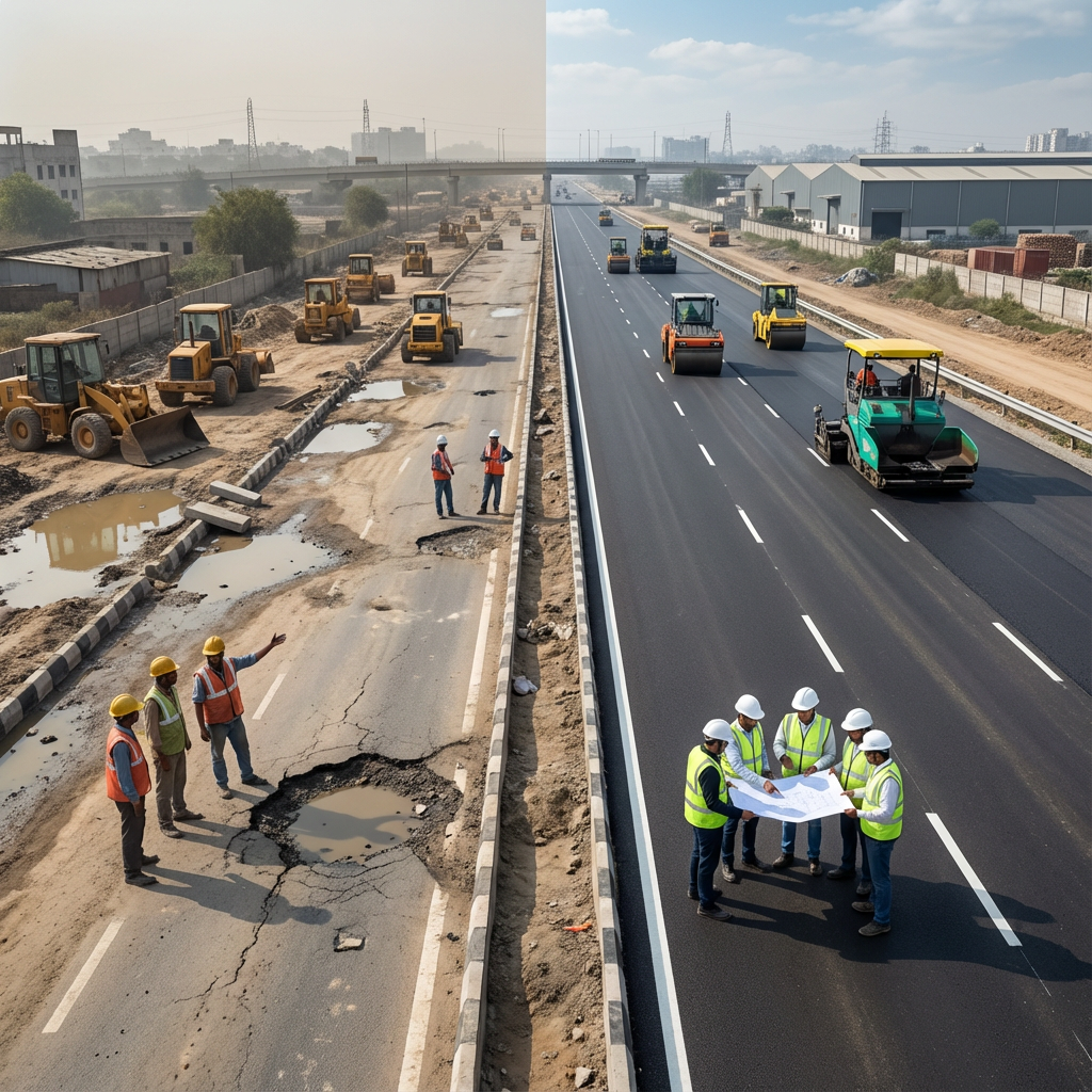 commercial road construction in NCR showing modern road development with professional site engineers