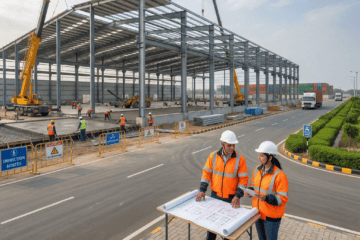 Industrial warehouse construction site in India showcasing expertise of warehouse construction companies in India