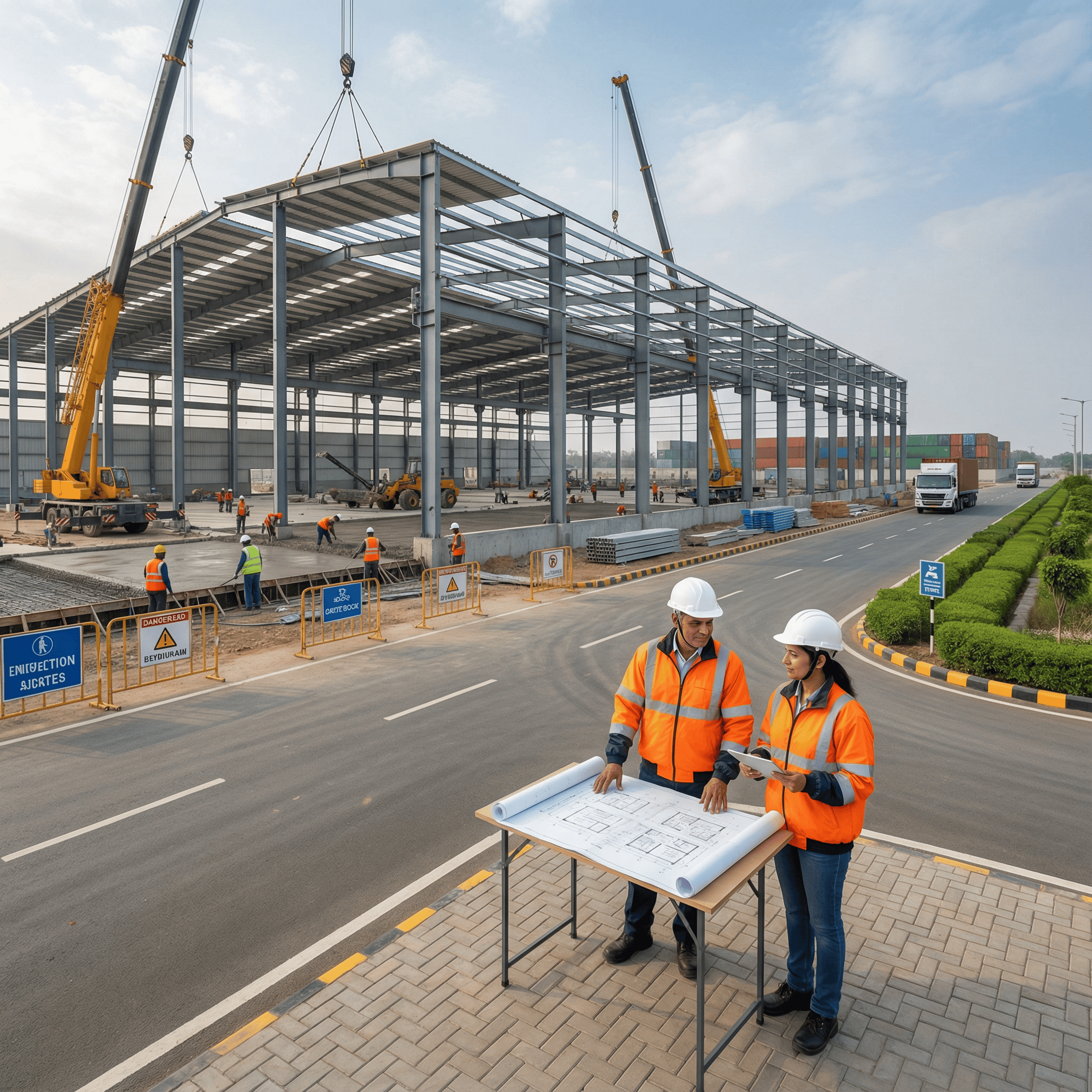 Industrial warehouse construction site in India showcasing expertise of warehouse construction companies in India